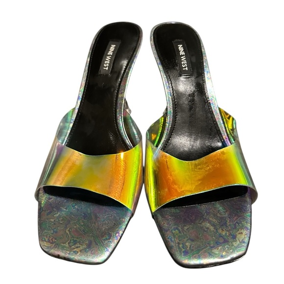 NINE WEST Zooza 3 Heeled Sandal Iridescent Heels Clear Heel Vintage Size 9.5M - Picture 2 of 7